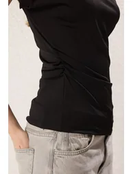 Black Draped Padded Fitted/Fits the Body Snap Elastic Knitted Blouse - 2