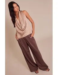 Mushroom Textured Satin Cowl Neck Detail Long Top - 2