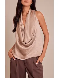 Mushroom Textured Satin Cowl Neck Detail Long Top - 3