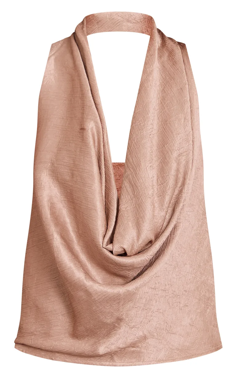 Mushroom Textured Satin Cowl Neck Detail Long Top - 4
