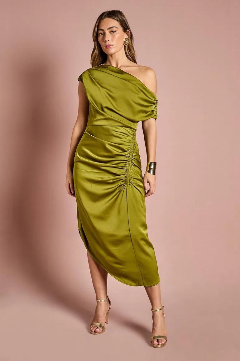 Petite Satin Ruched One Shoulder Asymmetric Hem Midi Dress Coast Fashion  Green : Premium Dresses : VogaCloset Qatar