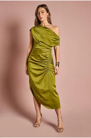 Petite Satin Ruched One Shoulder Asymmetric Hem Midi Dress