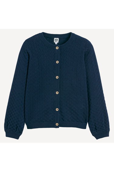 Openwork Detailed Knit Cardigan with Crew Neck