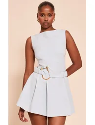 Dusty Blue Woven Belt Detail Pleated Shift Dress