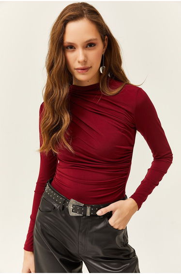 Women's Burgundy High Neck Gathered Detailed Lycra Blouse