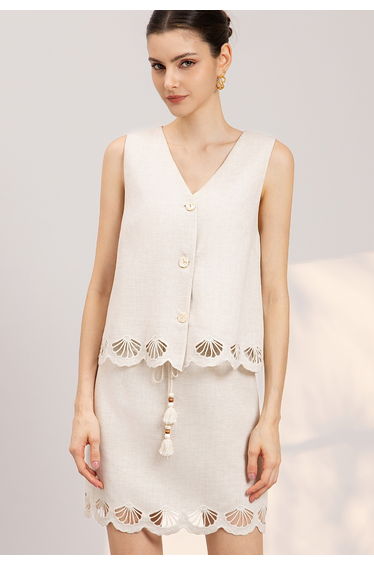 Shell Cutwork Button-Up Vest and Mini Skirt Set for Vacations & Beach Strolls