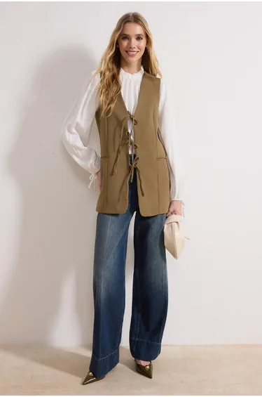 Khaki Front Tie Closure Woven Waistcoat