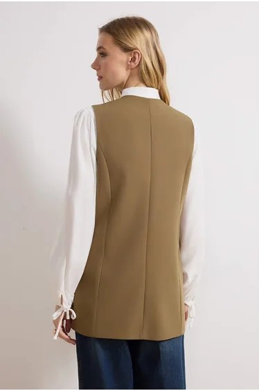 Khaki Front Tie Closure Woven Waistcoat