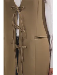 Khaki Front Tie Closure Woven Waistcoat - 6