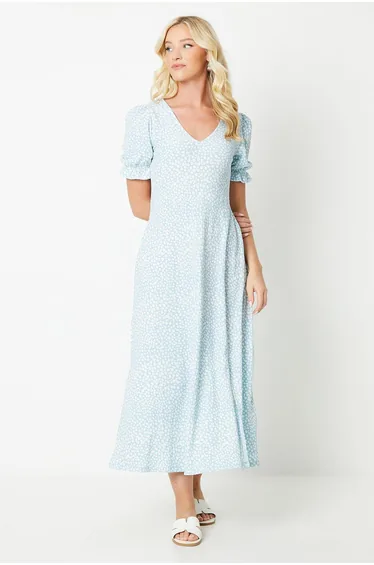 فستان ميداكسي بياقة V بأكمام قصيرة - أزرق