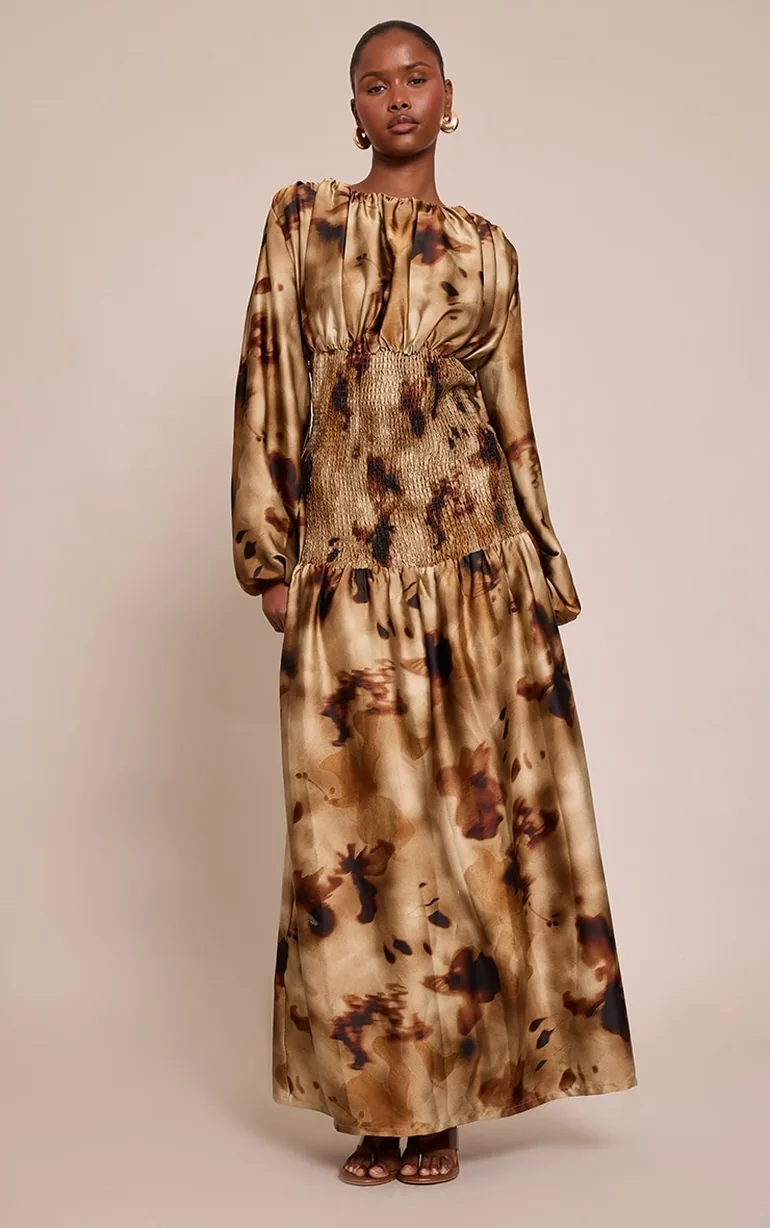 chinese dress ladies Brown Floral Print Shirred Square Neck High Waist Maxi Dress Brown / S / 100%Polyester