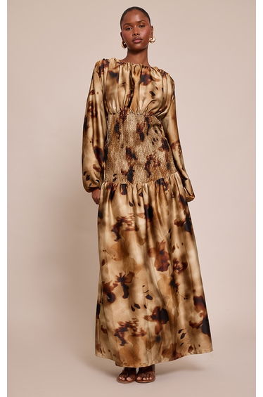 Green Abstract Long Sleeve Shirred Waist Maxi Dress