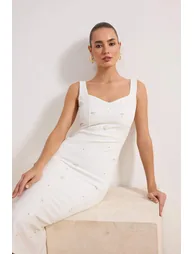 White Floral Applique Detailed Lined Woven Wedding/Nikah Dress - 1