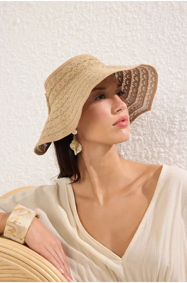 Beige Ribbon Detailed Straw Women's Beach Hat