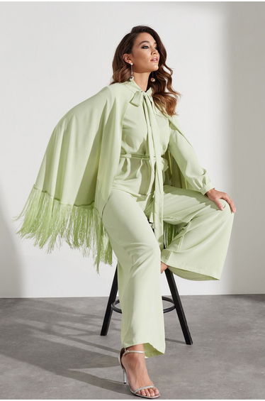 Light Green Tasseled Cape-Jumpsuit Evening Wear Suit