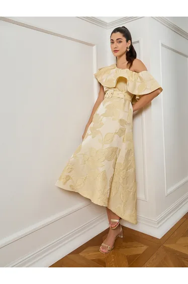 فستان ميدي بتصميم بشكل A بكتف واحد بطبعة أزهار - بيج