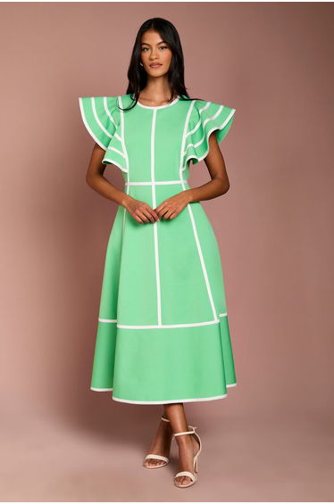 Petite Ruffle Shoulder Piped Bandage Midi Dress