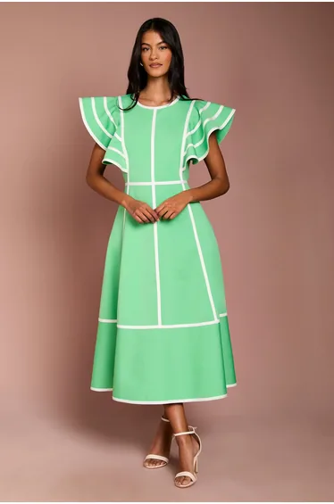 Petite Ruffle Shoulder Piped Bandage Midi Dress