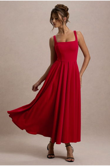 Parina | Red Strappy Volume-Hem Maxi Dress