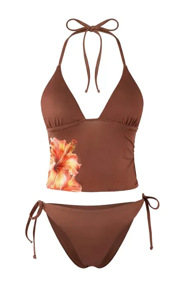 Brown Floral Pattern Tankini Normal Waist Bikini Set