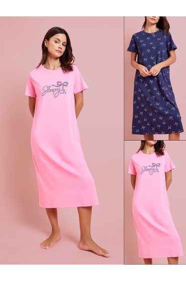 Pack of 2 - Bow Print Graphic Print Sleep T-Shirt Dress