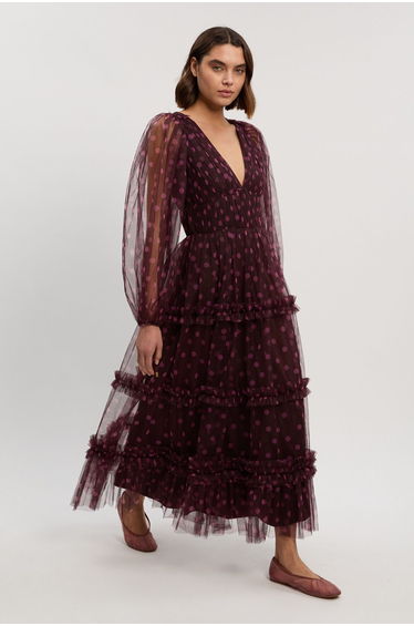 Polka Dot Tulle Plunge Balloon Sleeve Maxi Dress