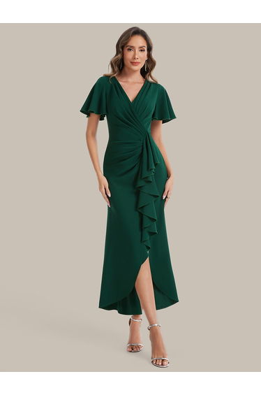 Thigh-High Slit Knit Ruffle Sleeve Wedding Guest Dress
