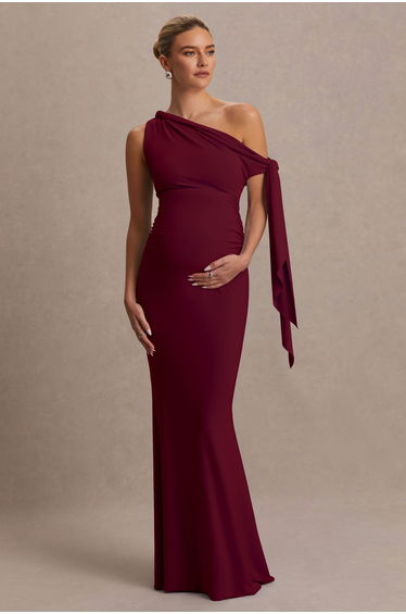 Orielle | Burgundy Asymmetric-Neck Maxi Dress With Knot-Sleeve And Sash