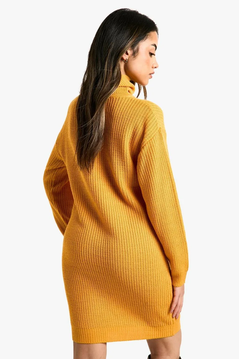 Basic Roll Neck Jumper Dress - mustard - 2