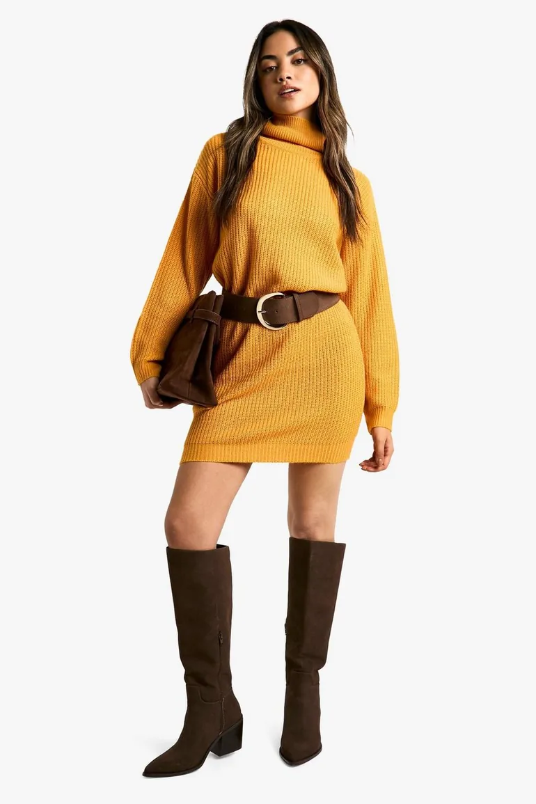 Basic Roll Neck Jumper Dress - mustard