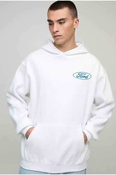 White Oversized Ford Winter Carnival License Printed Hoodie - white