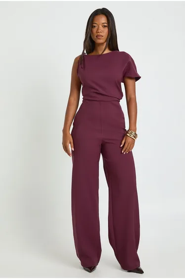 Asymmetric Ruched Wide Leg Jumpsuit - plum