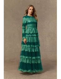 فستان سانفير أخضر طول الأرض على شكل حرف A بأكمام طويلة - 2