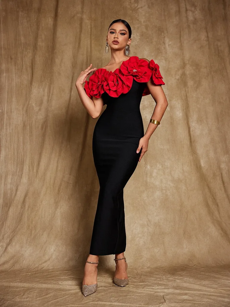 red off the shoulder bandage dress Creed Off Shoulder Flower Bandage Dress In Red Mew Mews Multicolour : Party  Dresses : VogaCloset Oman