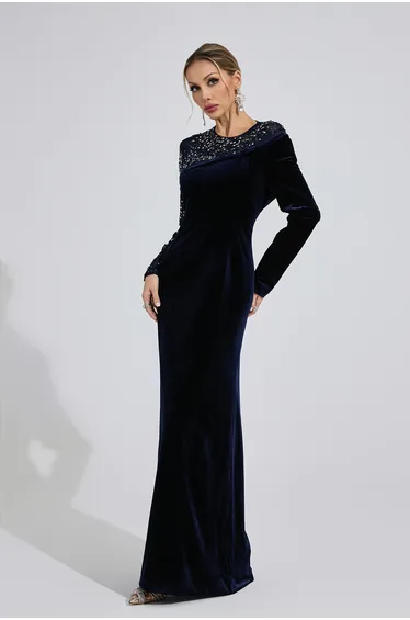 فستان كاتشال مخمل كحلي طول الأرض على شكل حرف A بأكمام طويلة