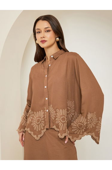 Women Brown Cropped Shirt with Crochet Detail