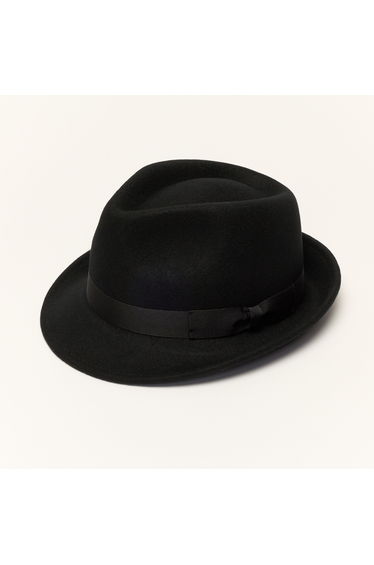Black Wool Felt Trilby Hat with Teardrop Crown