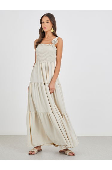 Plain Smocked Tiered Maxi Dress with Corsage Detail