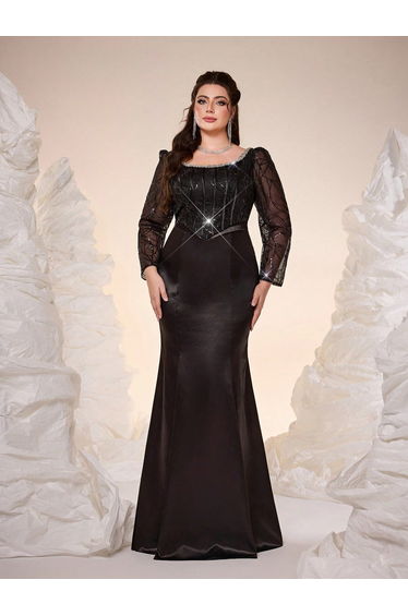 Leely Plus Women's Elegant Round Neck Long Sleeve Party Dresses