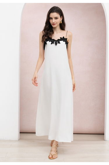 Contrast Lace Applique Cami Maxi Dress in White for Coastal Getaways & Outdoor Brunches