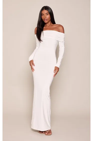 White Double Layer Slinky Bardot Maxi Dress