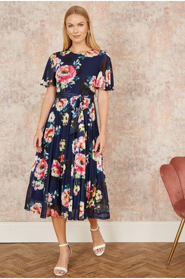 Yumi Navy Mesh Floral Print Midi Dress With Angel Sleeves