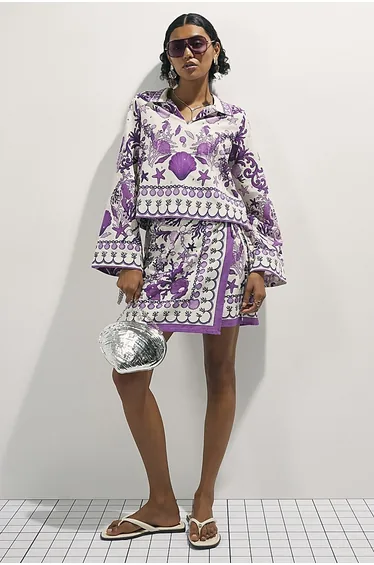 Purple Sea Chain Print Wrap Mini Skirt