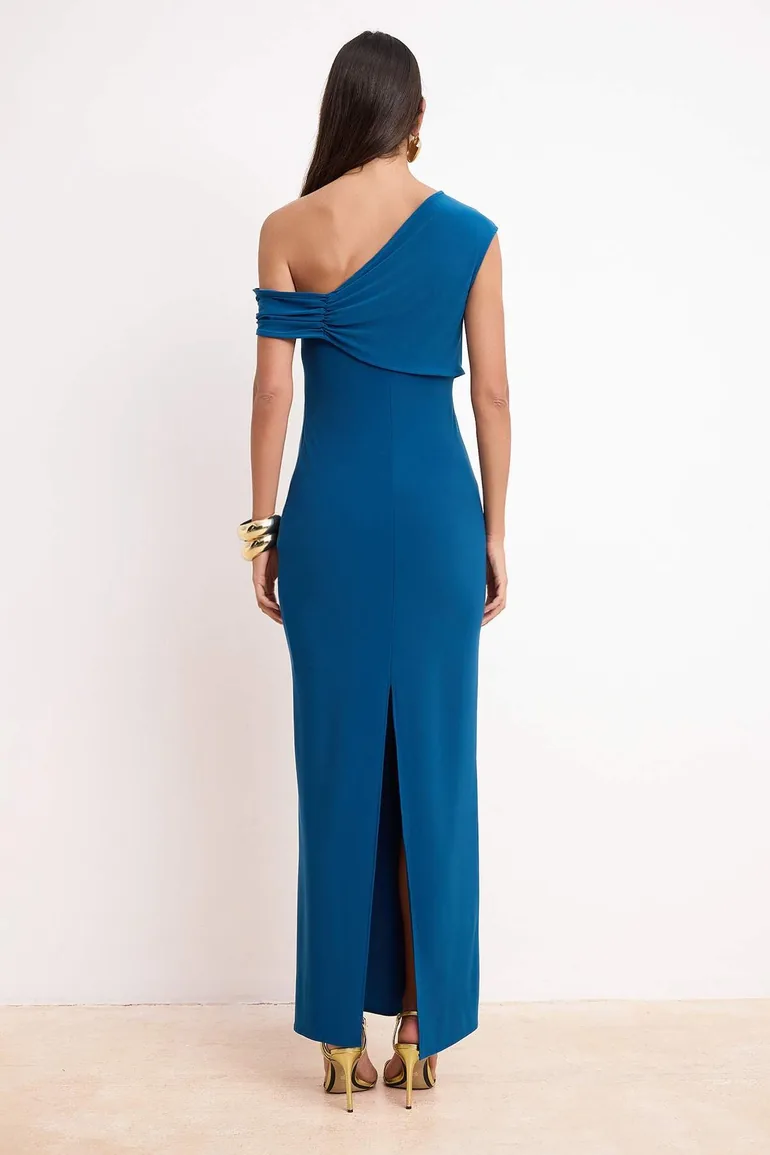 Petrol Shirred / Drape Detailed Satin Maxi Evening Dress & Graduation Gown - 3
