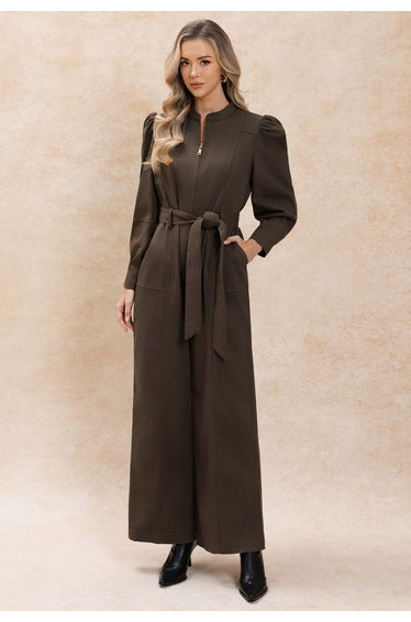 Puff Sleeve Zip-Up Belted Denim Jumpsuit in Brown