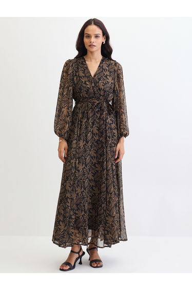 Black Leaf Print Balloon Sleeve Wrap Maxi Dress