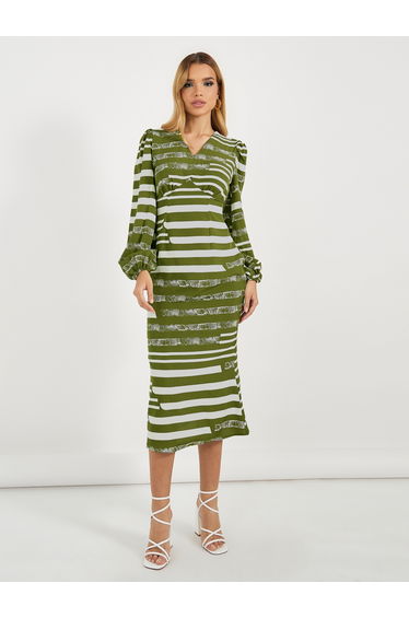 All Over Print Balloon Sleeves Midi Dress