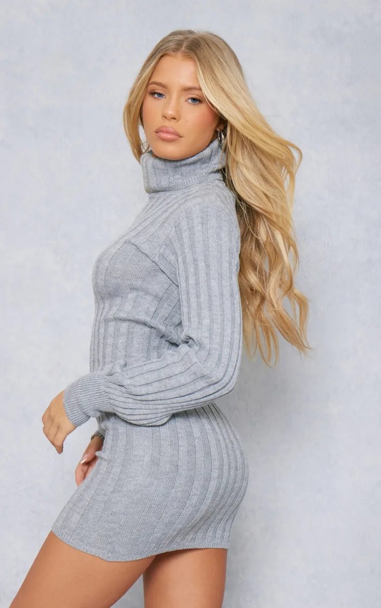 Grey Knitted Roll Neck Jumper Dress - 1