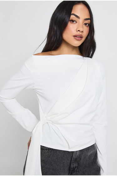 Asymmetric Neck Drape Detail Long Sleeve Top - white