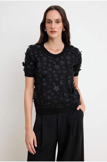 Black Three-Dimensional Floral Detailed and Tulle Blouse